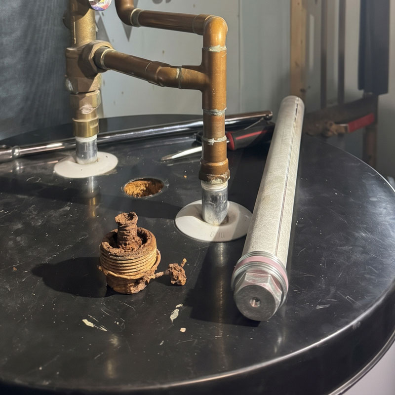 A rusted sacrificial anode next to a brand new one