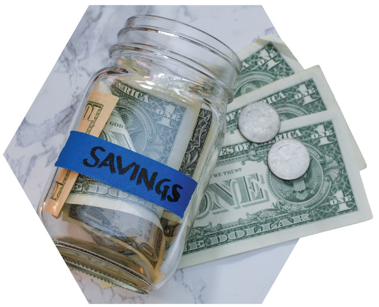 Jar labeled with "Savings" filled with bills